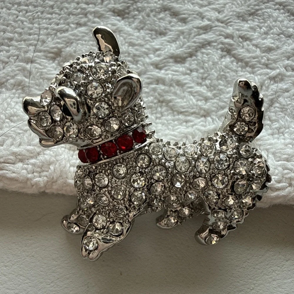 Vintage Scottish Terrier Silver Tone Brooch  Red Collar Rhinestone Pin‎